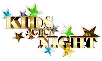 Logokuva: kuvassa sanat Kids´ Action Night ja sanojen ympärillä eri värisiä viisisakaraisia tähtiä.